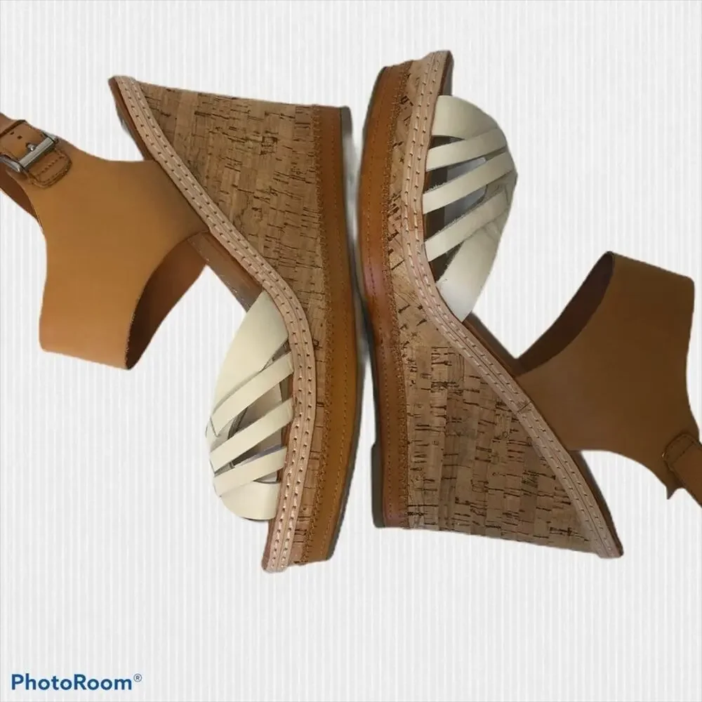 Dolce Vita White Tan Leather Cork Wedge Sandals 9.5